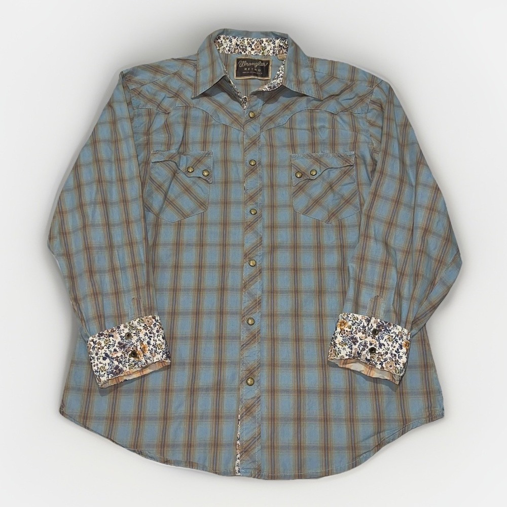Wrangler Mens Blue Rust Plaid Long Sleeve Retro Snap Button Western Shirt L